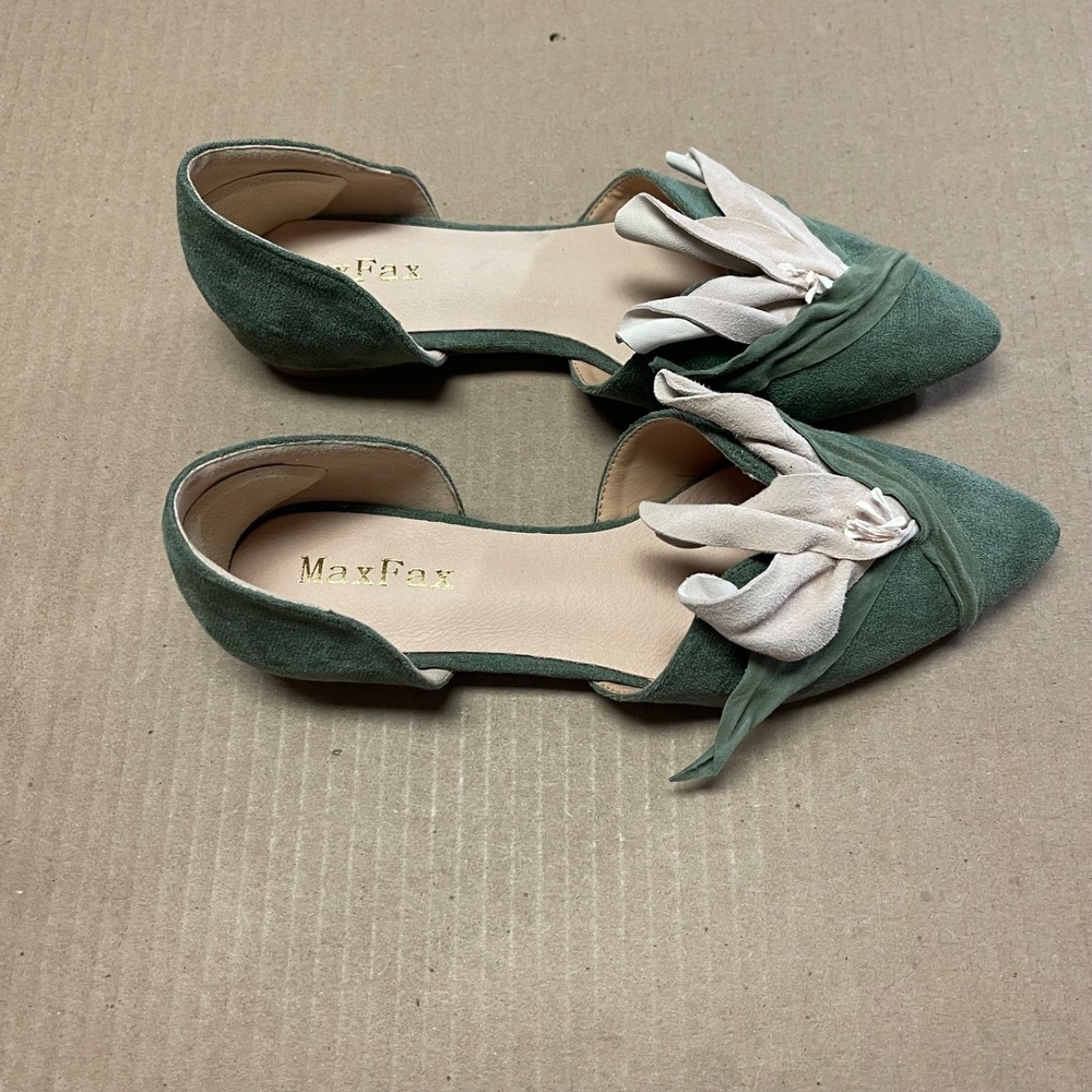 MaxFax Size 6 Green Eco-Suede D'Orsay Floral Petal Pointed Toe Flat Shoes NWOB - Picture 3 of 8